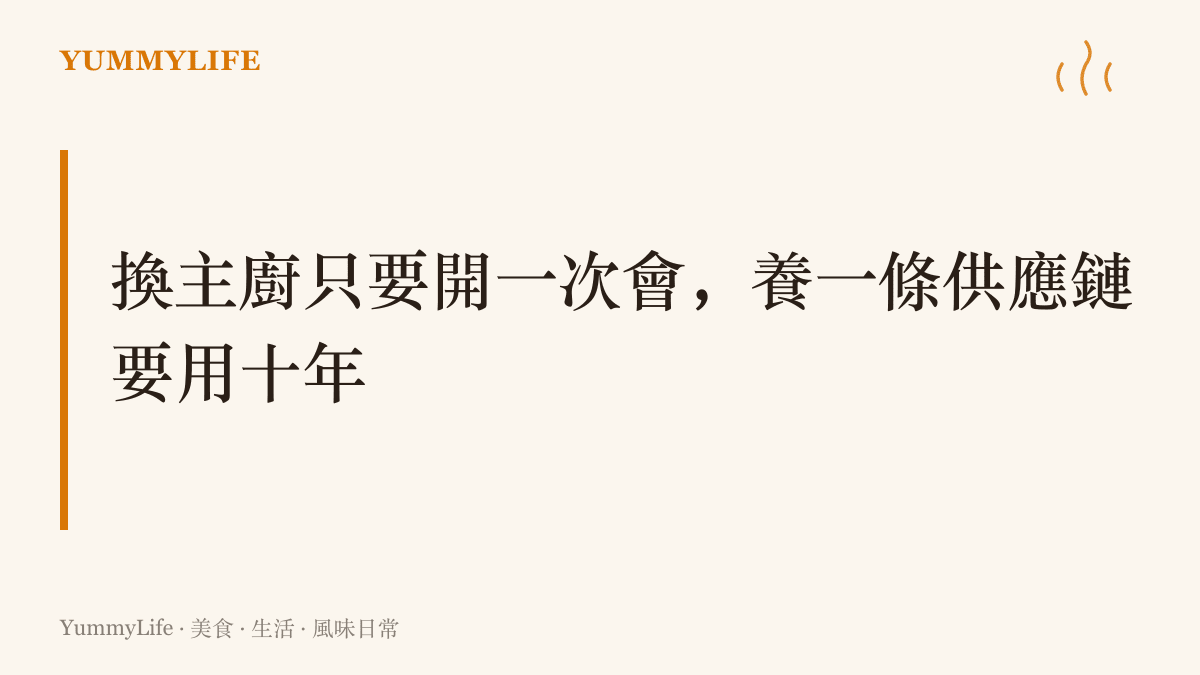 圖卡呈現更換主廚與養成食材供應鏈在時間成本上的巨大落差，前者只需一次會議，後者要以十年為單位計算