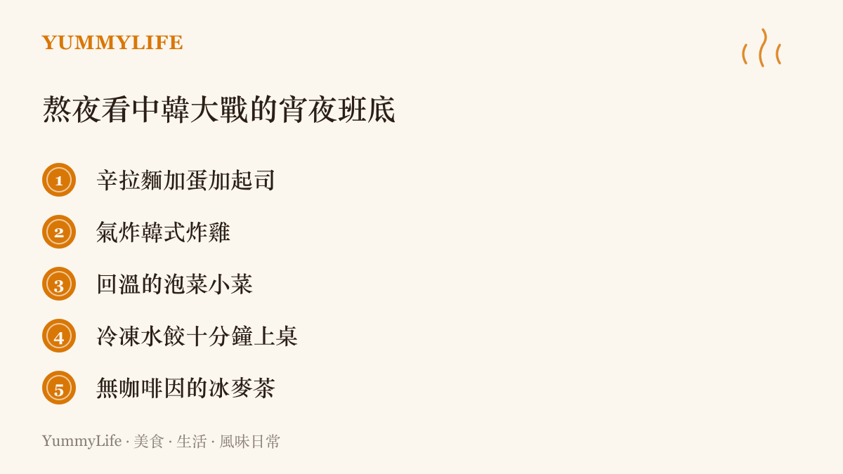 圖卡列出熬夜觀賽的五項宵夜提案：辛拉麵加蛋加起司、氣炸韓式炸雞、回溫的泡菜小菜、十分鐘上桌的冷凍水餃，以及無咖啡因的冰麥茶