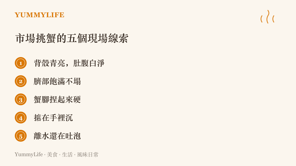 圖卡列出市場挑蟹的五個現場線索：背殼青亮肚腹白淨、臍部飽滿不塌、蟹腳捏起來硬、掂在手裡沉、離水還在吐泡