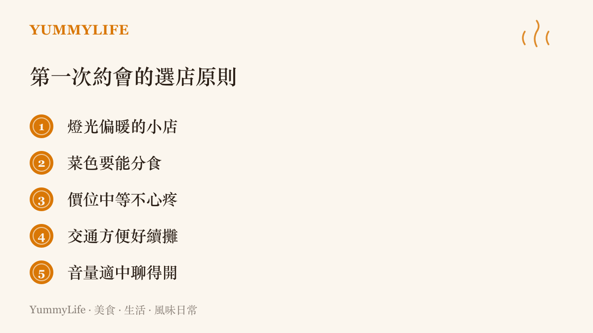 圖卡列第一次約會選餐廳的五個原則：溫暖燈光、可分食的菜色、中等價位、交通便利與適中的音量環境