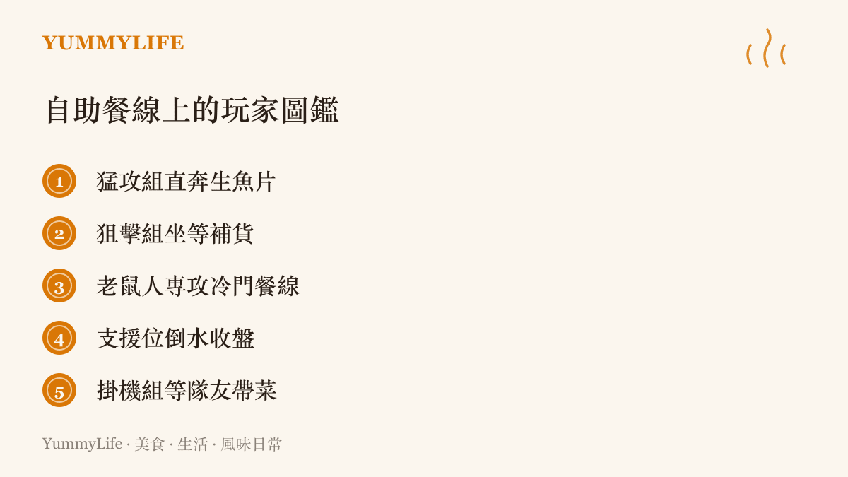 自助餐桌上的五種用餐類型，對應遊戲裡的玩家流派：猛攻組直奔生魚片、狙擊組坐等補貨、老鼠人專攻冷門餐線、支援位幫全桌倒水收盤、掛機組等隊友順手帶菜