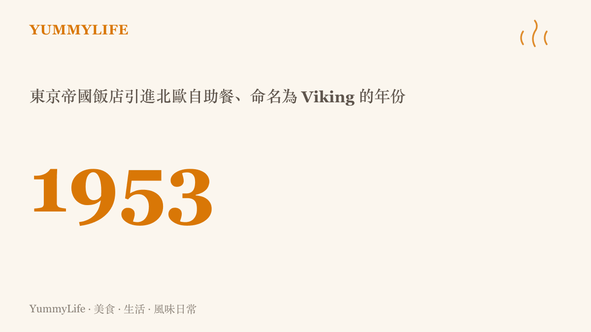 統計圖卡呈現一九五三年這個年份，標記東京帝國飯店引進北歐式自取餐桌並取名為 Viking 的歷史節點