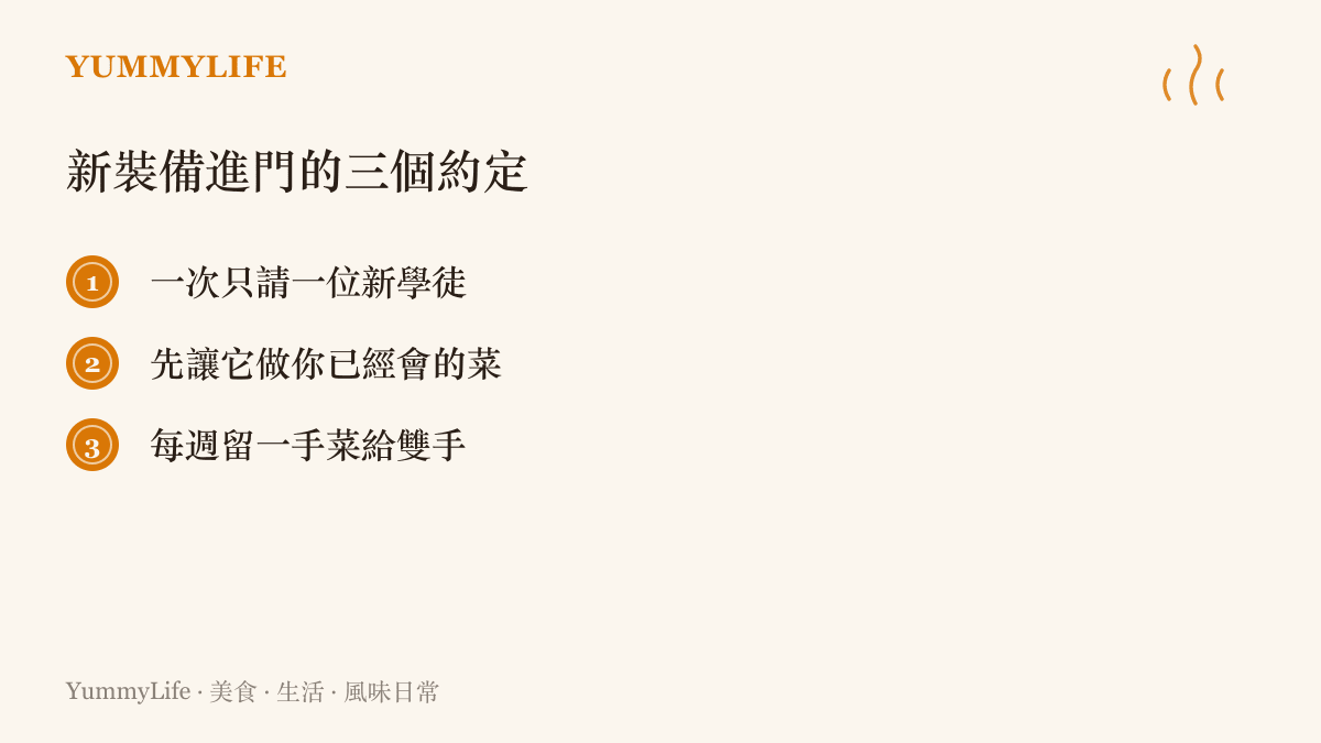 清單圖卡列出廚房新設備進門的三個約定：一次只引進一項、先用熟悉的舊菜考它、每週保留一道完全手工的菜