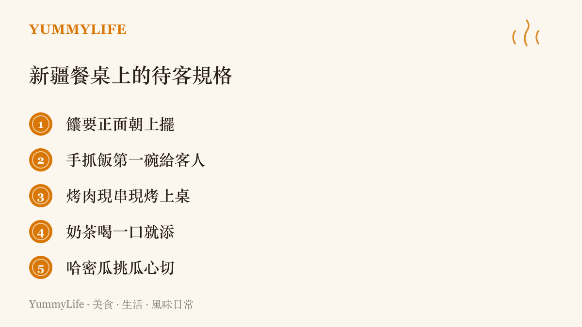 清單圖列出新疆餐桌的待客規矩：饢要正面朝上擺、手抓飯第一碗盛給貴客、烤肉現串現烤上桌、奶茶隨喝隨添、哈密瓜挑最甜的瓜心切給客人