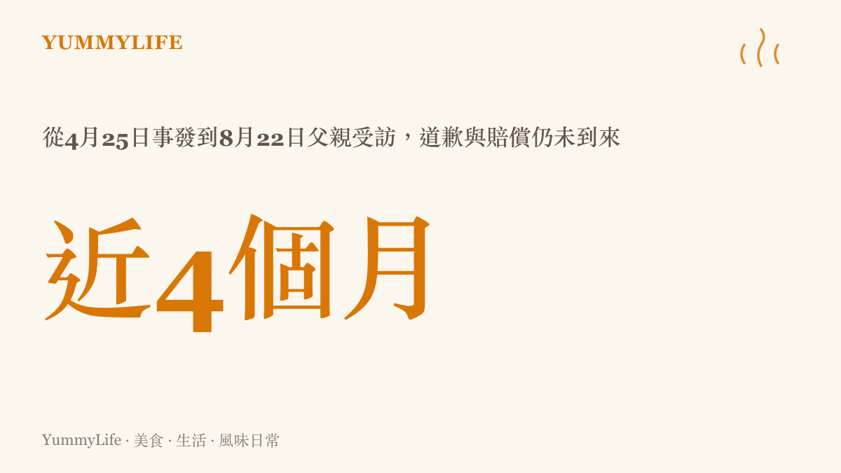 統計圖卡呈現從4月25日事發到8月22日父親出面受訪，將近四個月過去，家屬仍未等到道歉與賠償