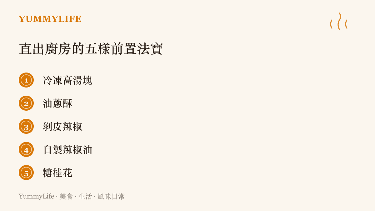 清單圖卡列出直出廚房的五樣前置法寶，包括冷凍高湯塊、油蔥酥、剝皮辣椒、自製辣椒油與糖桂花
