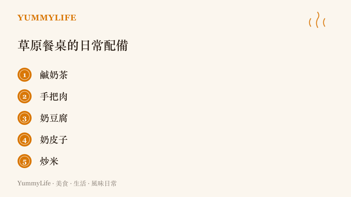 草原牧區餐桌上的五樣日常食物：鹹奶茶、手把肉、奶豆腐、奶皮子與炒米，依序列在畫面中。