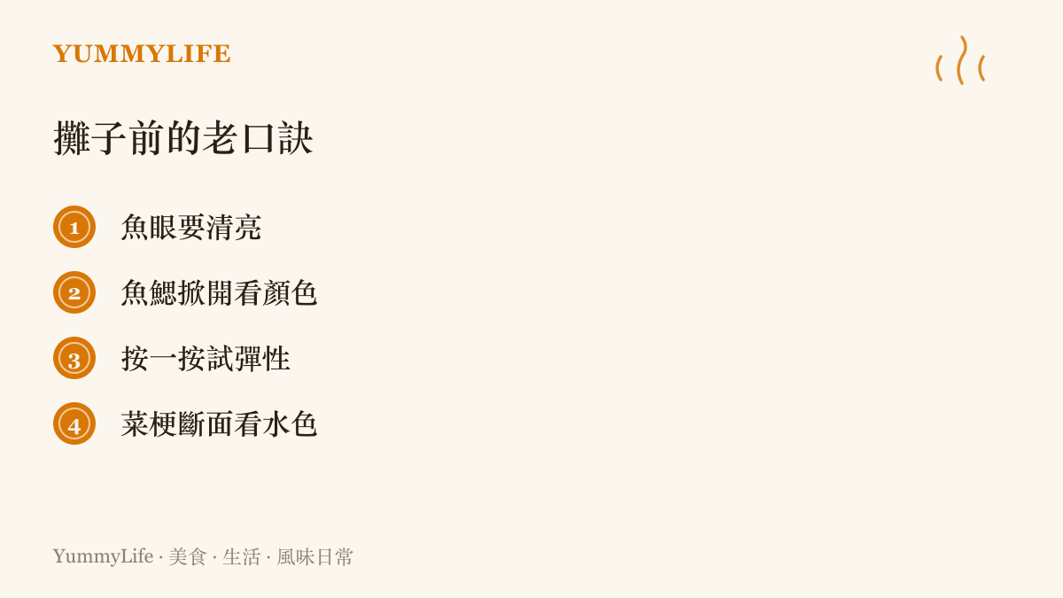 圖卡列出市場挑菜選魚的四個檢查動作：看魚眼清亮、掀魚鰓看色、按壓魚身試彈性、看菜梗斷面的水色