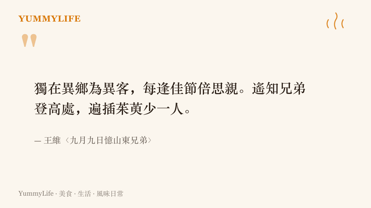 呈現王維〈九月九日憶山東兄弟〉全詩，寫異鄉人逢重陽想起家人登高插茱萸、獨缺自己的悵然