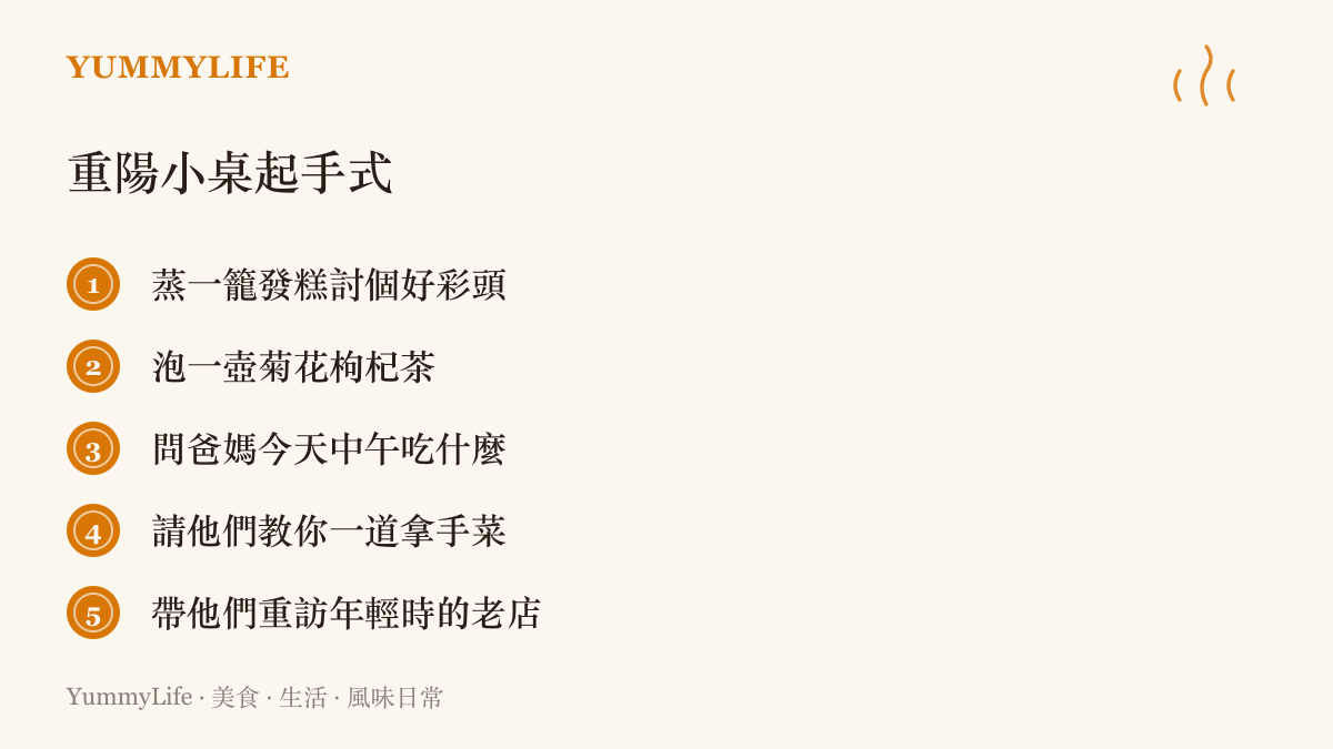 列出重陽節陪爸媽喫飯的五個做法，從蒸發糕、泡菊花枸杞茶，到問中午喫什麼、學一道菜與重訪老店