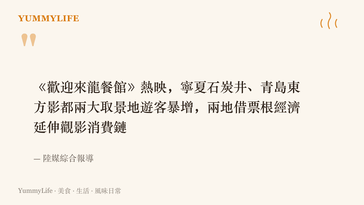 媒體報導《歡迎來龍餐館》熱映後，寧夏石炭井與青島東方影都兩大取景地遊客暴增，兩地以票根經濟延伸觀影消費鏈