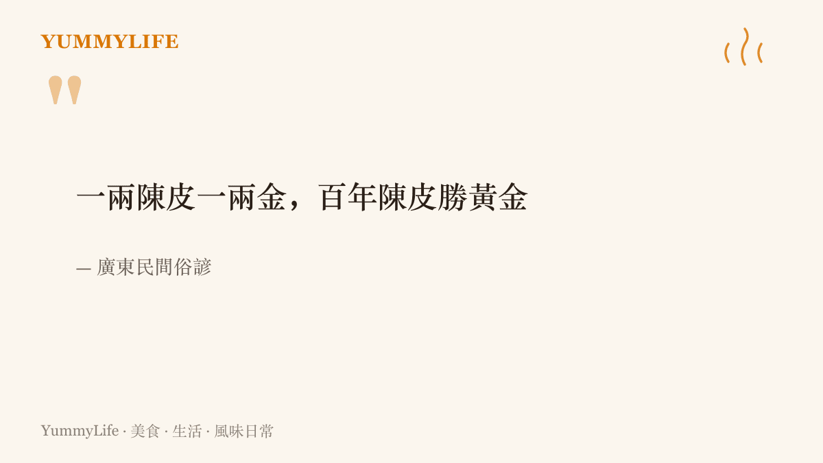 圖卡引用廣東民間俗諺一兩陳皮一兩金、百年陳皮勝黃金，點出老陳皮以克計價的身價
