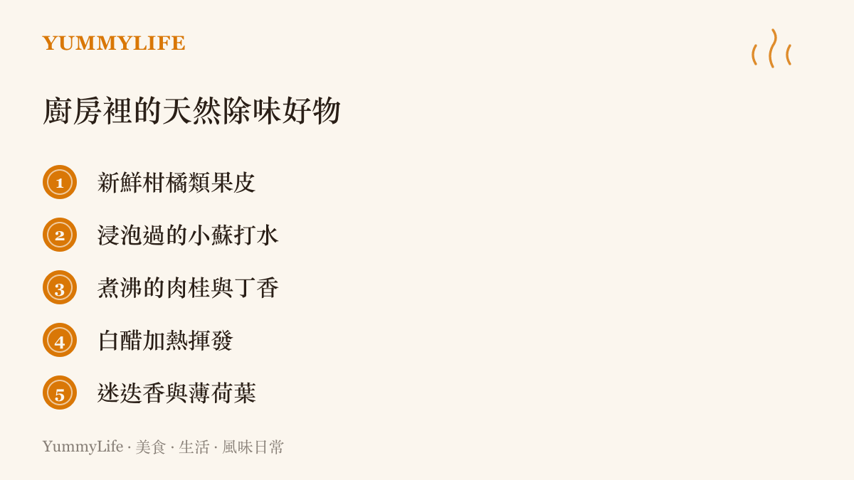 圖卡列舉五種能夠放置於廚房或加熱揮發，以消除異味並帶來天然香氣的實用食材