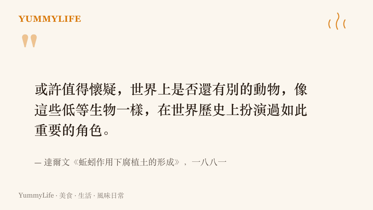 引言圖卡呈現達爾文對蚯蚓的著名評價：這些低等生物在地表與世界歷史上扮演了無可取代的角色