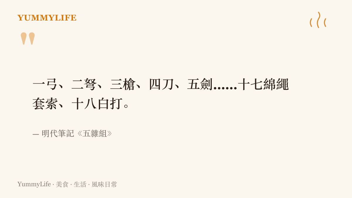 圖卡摘錄明代筆記《五雜組》記載的十八般兵器排序，從一弓二弩一路點到第十八項白打，白打指的是空手拳腳