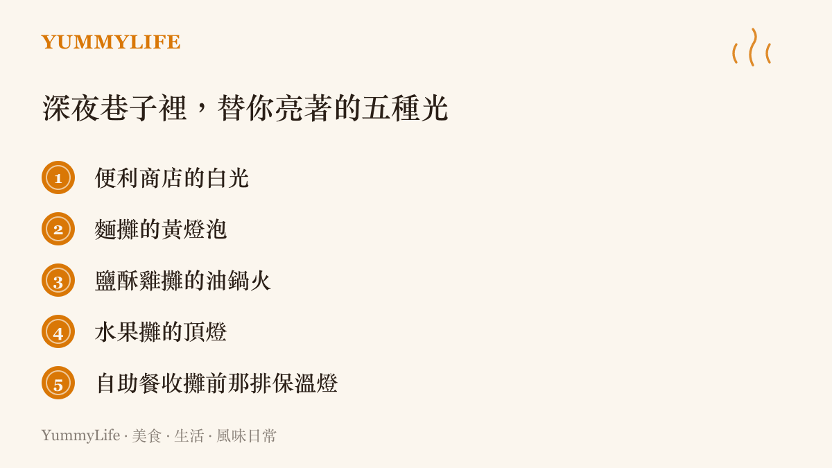 清單列出深夜巷弄裡常見的五種店家燈光，包含便利商店白光、麵攤黃燈泡、鹽酥雞攤油鍋火、水果攤頂燈與自助餐保溫燈，點出夜歸路上的光源地標