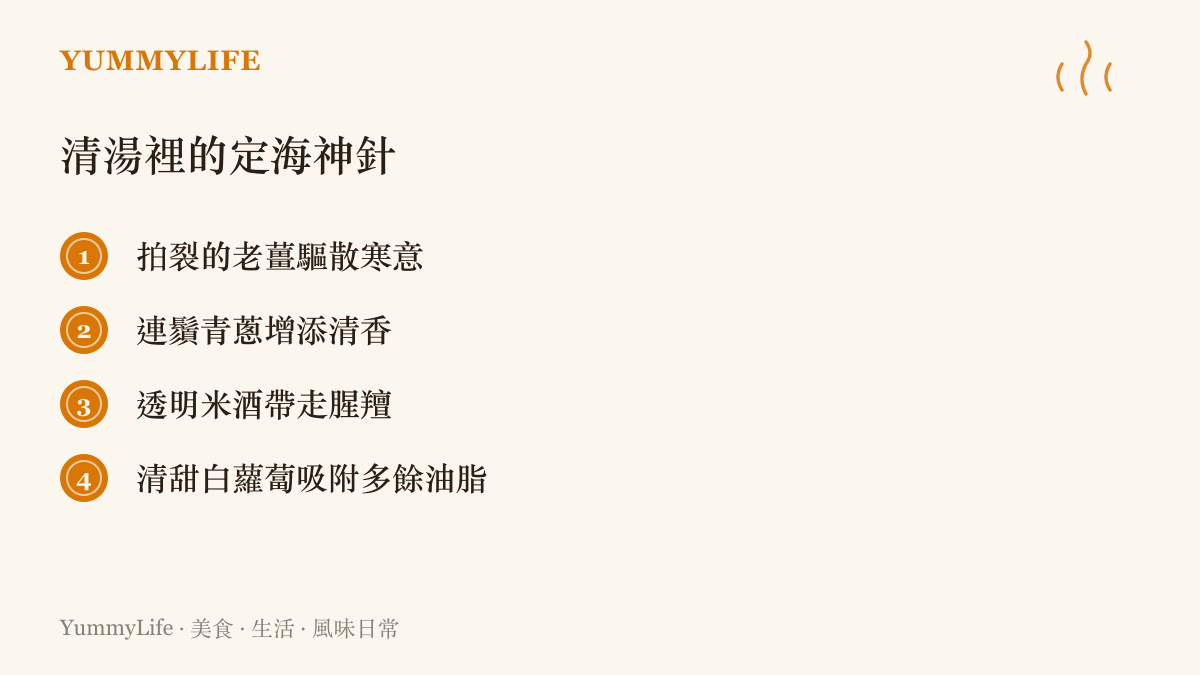 料理臺上擺放著已經切成滾刀塊的白蘿蔔、拍裂的老薑與青蔥，準備燉煮清湯的畫面。