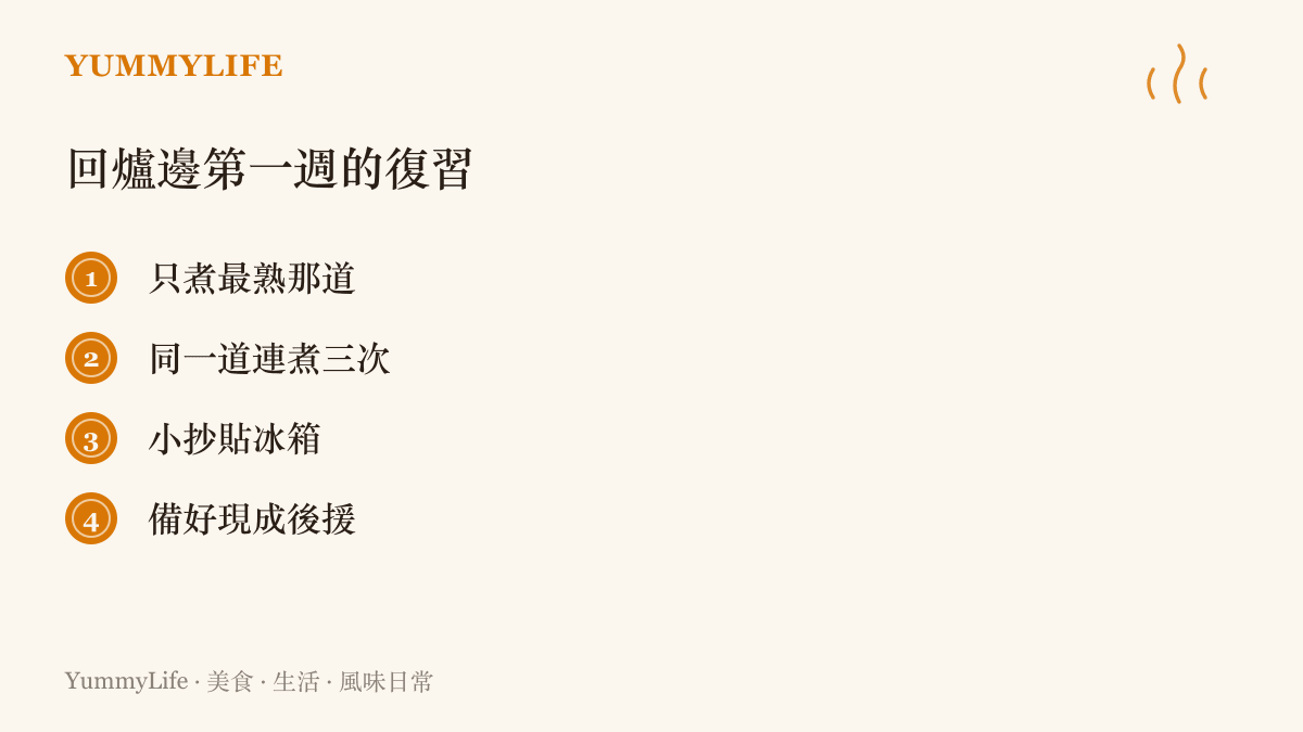 重返廚房第一週的四個步驟：只煮最熟悉的一道菜、同一道連煮三次、把火候鹹淡寫成小抄、先備好現成存糧當後援