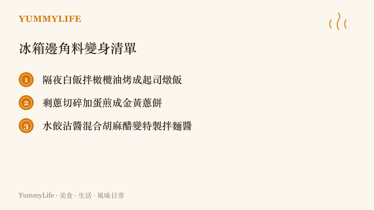 清單圖卡列出三項將冰箱隔夜飯剩蔥與沾醬重新組合變身為新料理的實用方法