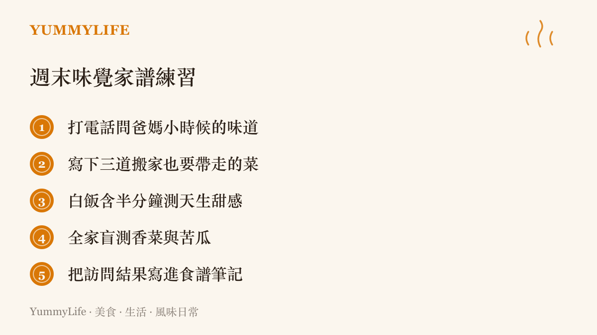 圖卡列出五項週末味覺家譜練習：訪問父母兒時味道、記下帶著走的三道菜、白飯含半分鐘測甜感、全家盲測香菜苦瓜、將結果寫進食譜筆記
