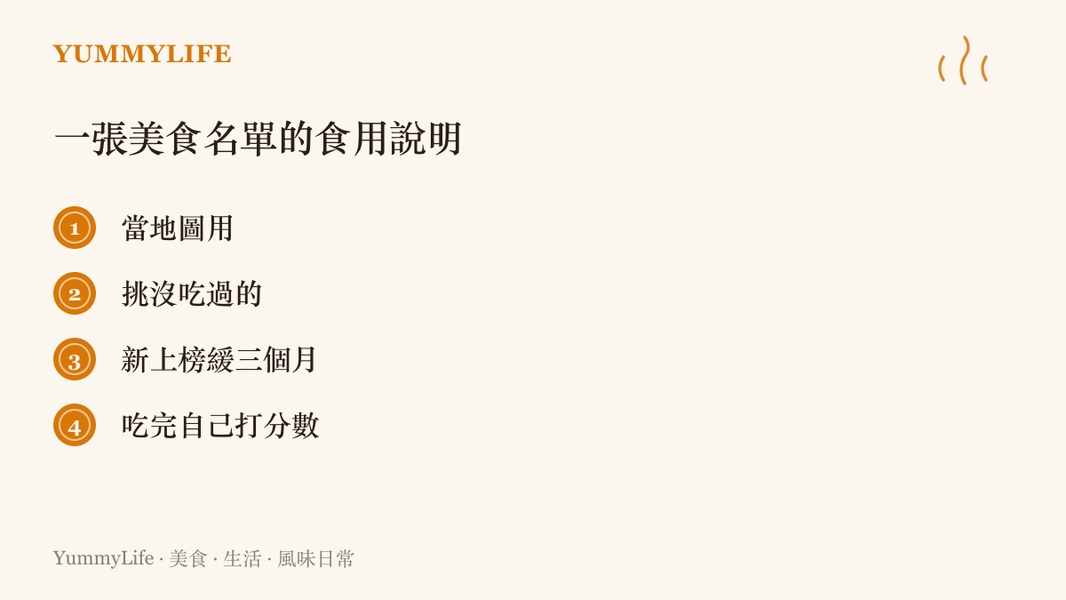 四個使用美食名單的建議：把名單當地圖、挑一間沒喫過的店、剛上榜的店等三個月再去、喫完用自己的舌頭打分數