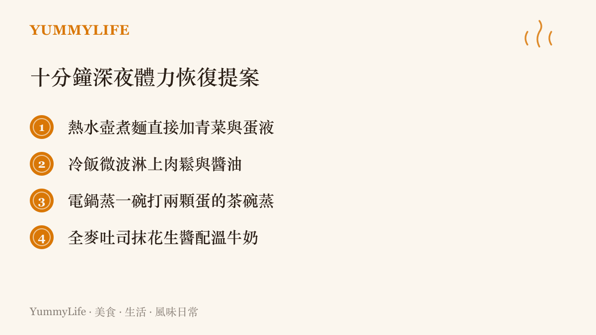 列出四項十分鐘內能完成的深夜簡單料理提案，幫助疲憊者快速恢復體力