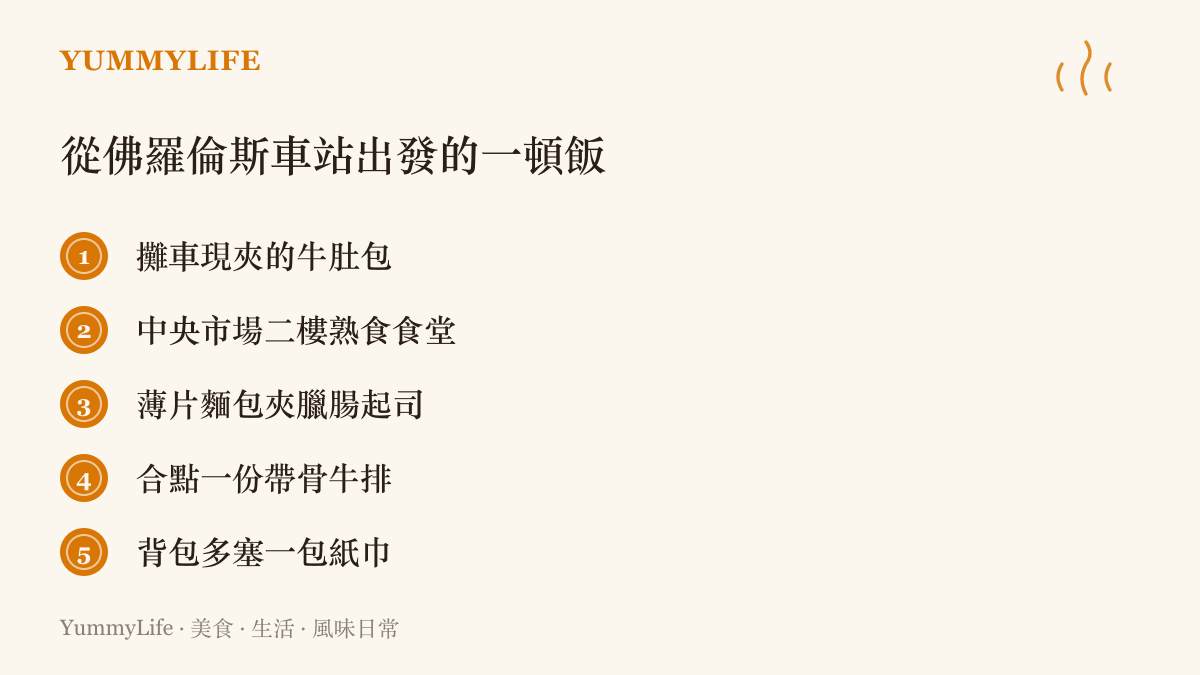 清單圖卡列出到佛羅倫斯值得嘗試的五件事：攤車牛肚包、中央市場二樓食堂、臘腸起司夾心薄麵包、分食帶骨牛排，以及隨身攜帶紙巾