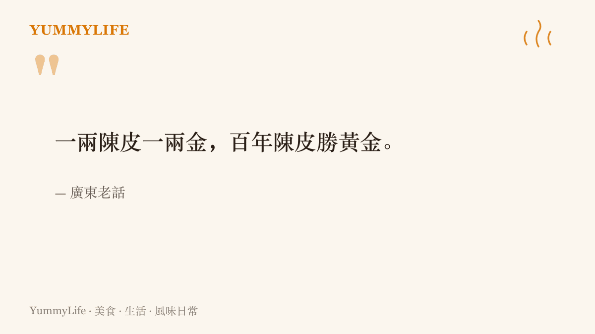引言呈現廣東老話「一兩陳皮一兩金，百年陳皮勝黃金」，說明陳皮年份越久越值錢的收藏道理