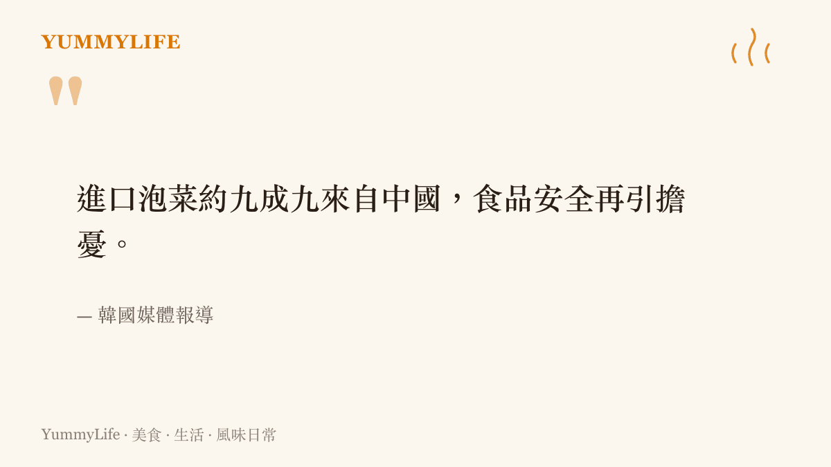引言圖卡呈現韓國媒體的報導重點：韓國進口泡菜約九成九來自中國，食安疑慮再度升溫