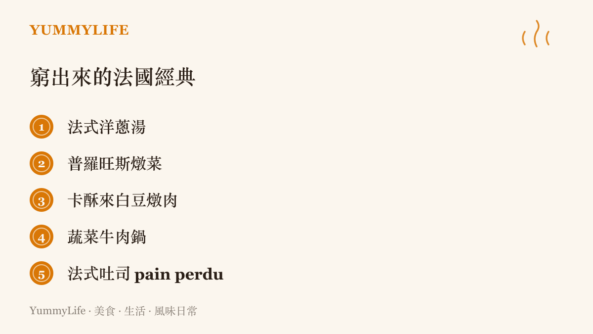 圖卡列舉五道源自節儉廚房的法國經典菜，包括法式洋蔥湯、普羅旺斯燉菜、卡酥來白豆燉肉、蔬菜牛肉鍋與法式吐司