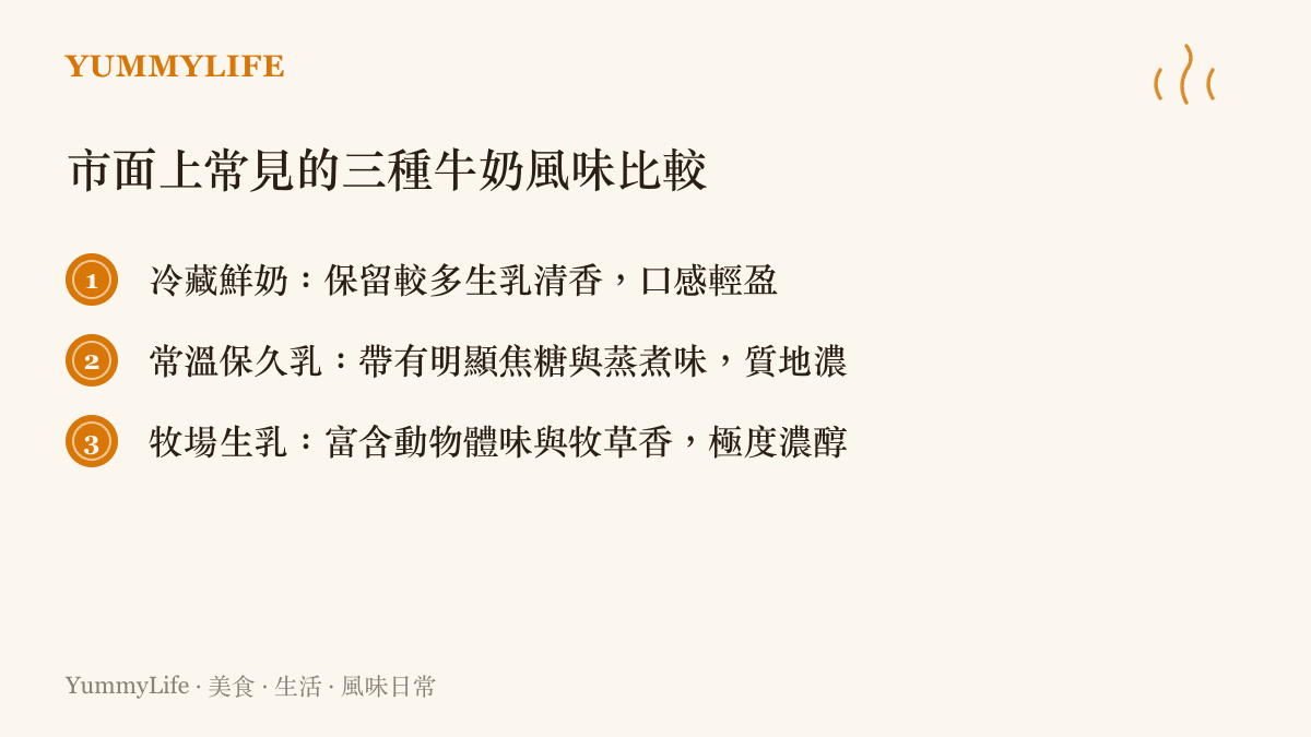 比較冷藏鮮奶、常溫保久乳與牧場生乳三者在風味、口感與氣味上的差異