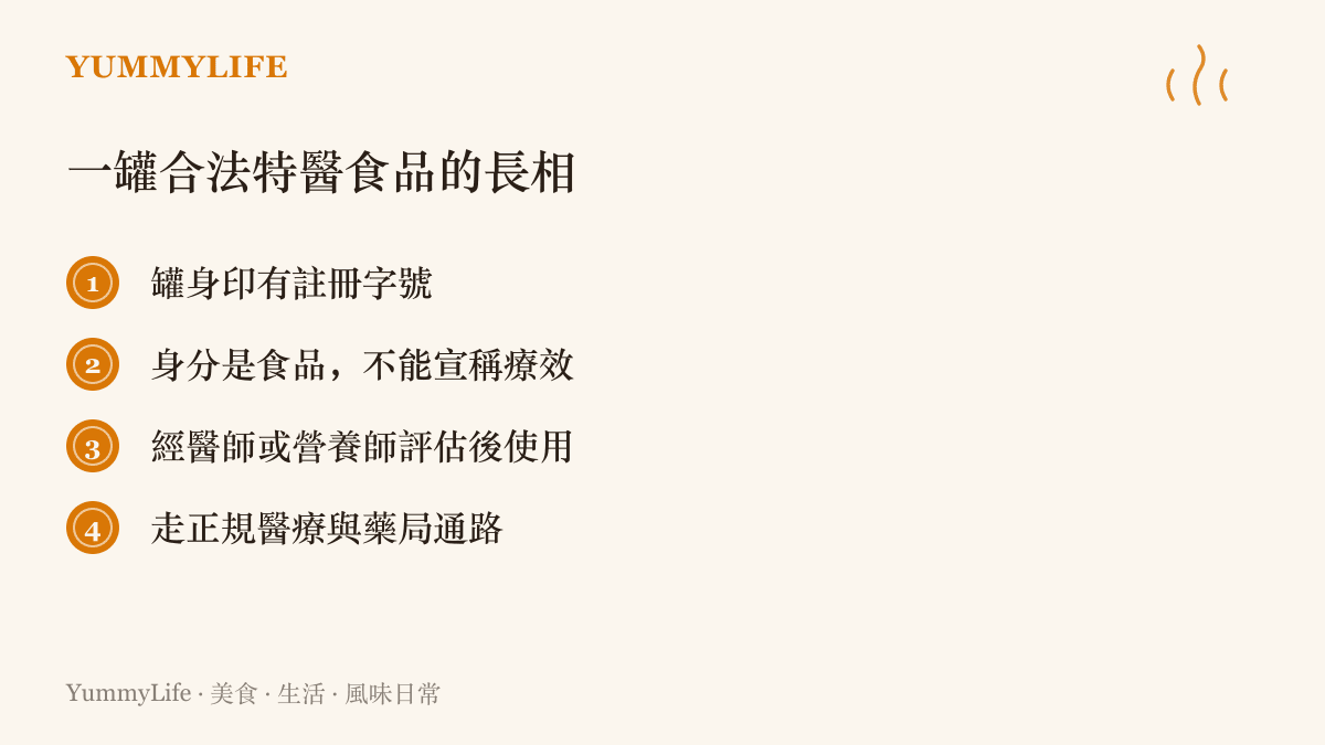 清單圖卡列出一罐合法特殊醫學用途配方食品的四個特徵，包括罐身註冊字號、不得宣稱療效、由專業人員評估使用與正規通路販售