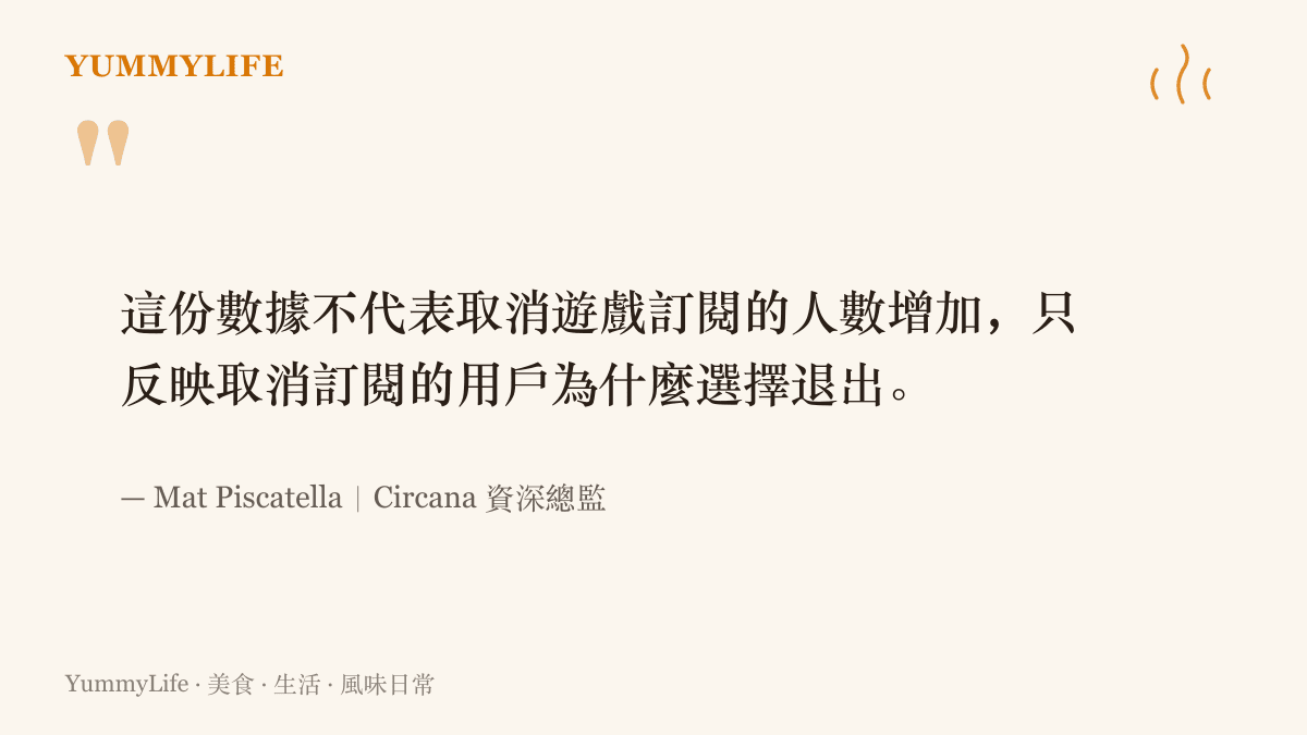 引言圖卡呈現分析師Mat Piscatella的提醒：退訂者以價格為主因的數據反映的是離開者的動機變化，並非退訂總人數增加