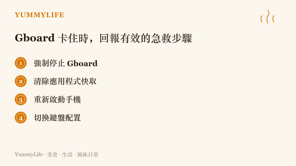 清單列出 Gboard 輸入法 Shift 鍵失靈時使用者回報有效的四種處理方式：強制停止應用、清除快取、重新開機與切換鍵盤配置