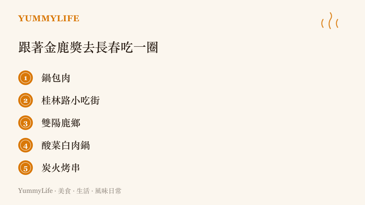 長春在地美食清單，列出鍋包肉、桂林路小喫街、雙陽鹿鄉、酸菜白肉鍋與炭火烤串五樣跟著金鹿獎值得走訪的味道