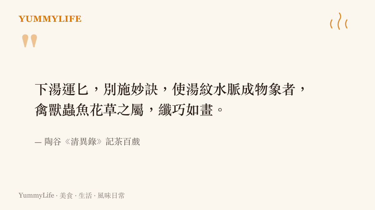 宋朝陶谷《清異錄》記載的茶百戲引文，描述宋代人以茶匙在茶沫上拉出禽鳥蟲魚花草、纖巧如畫卻須臾散滅的技藝