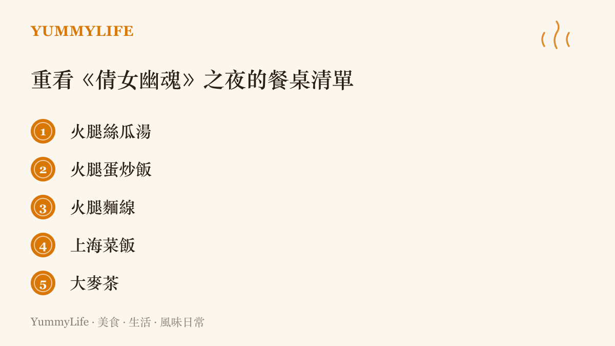 清單圖卡列出五道重看倩女幽魂適合準備的深夜餐點，包含火腿絲瓜湯、火腿蛋炒飯與大麥茶