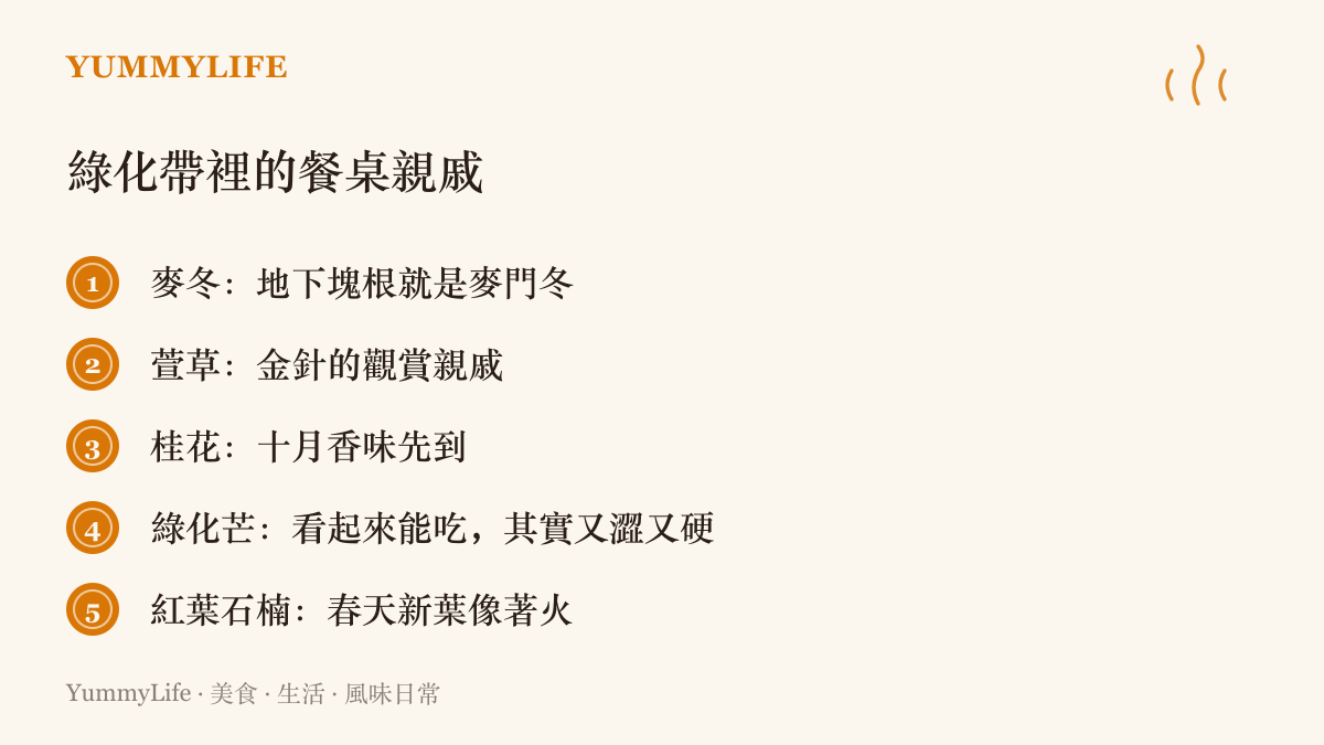 綠化帶常見植物與餐桌的親戚關係：麥冬的地下塊根是中藥麥門冬、萱草是金針的觀賞親戚、桂花十月飄香、綠化芒喫來澀硬、紅葉石楠春天新葉猩紅