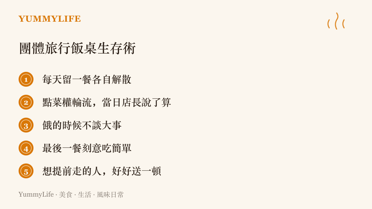清單圖卡列出團體旅行飯桌生存術五個方法，包含留一餐各自解散、點菜輪流、餓時不談大事、最後一餐簡單喫與好好送行