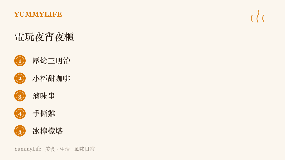 清單列舉電玩夜宵夜的五個提案：壓烤三明治、小杯甜咖啡、滷味串、手撕雞與冰檸檬塔