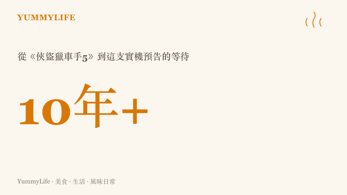 統計圖卡顯示玩家從《俠盜獵車手5》上市到第六代實機預告之間，等待超過十年的時間長度
