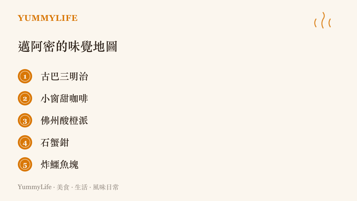 清單列出邁阿密的五種代表味道：古巴三明治、小窗甜咖啡、佛州酸橙派、石蟹鉗與炸鱷魚塊