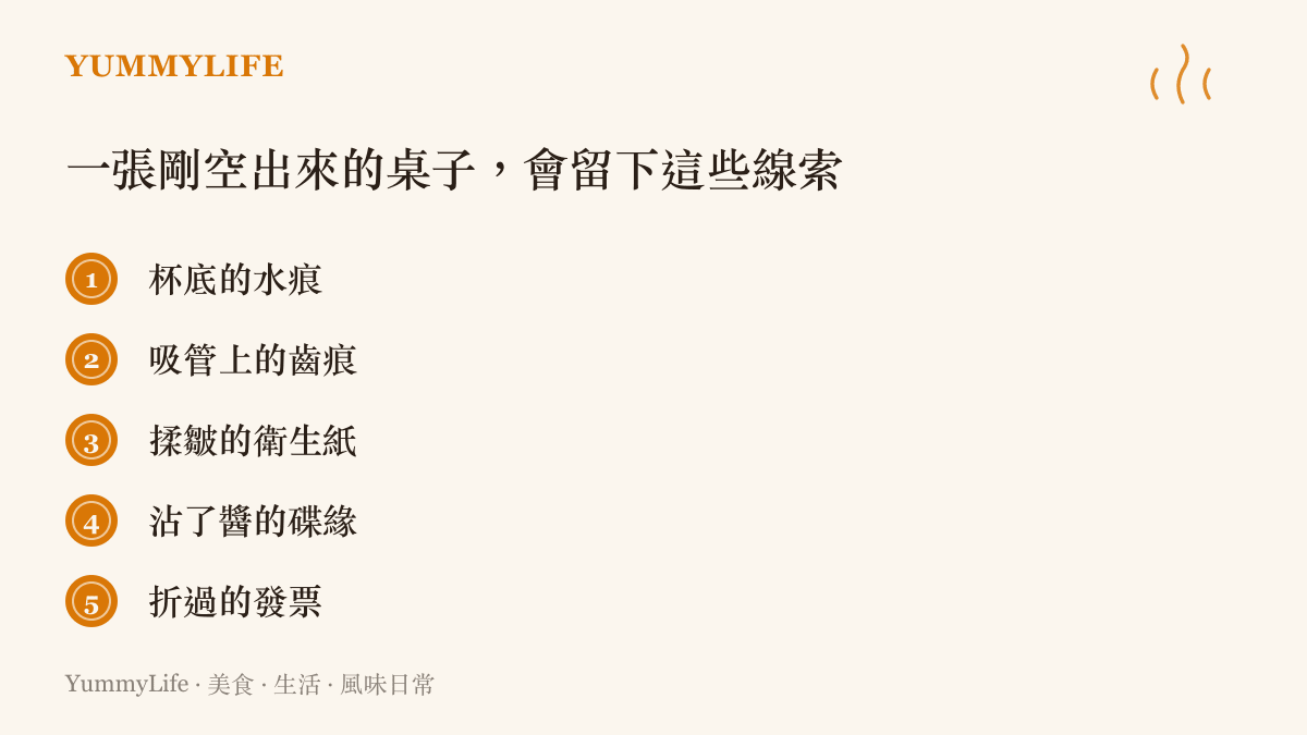 清單圖卡列出一張剛空出來的餐桌上常見的五種線索，包括杯底水痕、吸管齒痕、揉皺的衛生紙、沾醬的碟緣與折過的發票