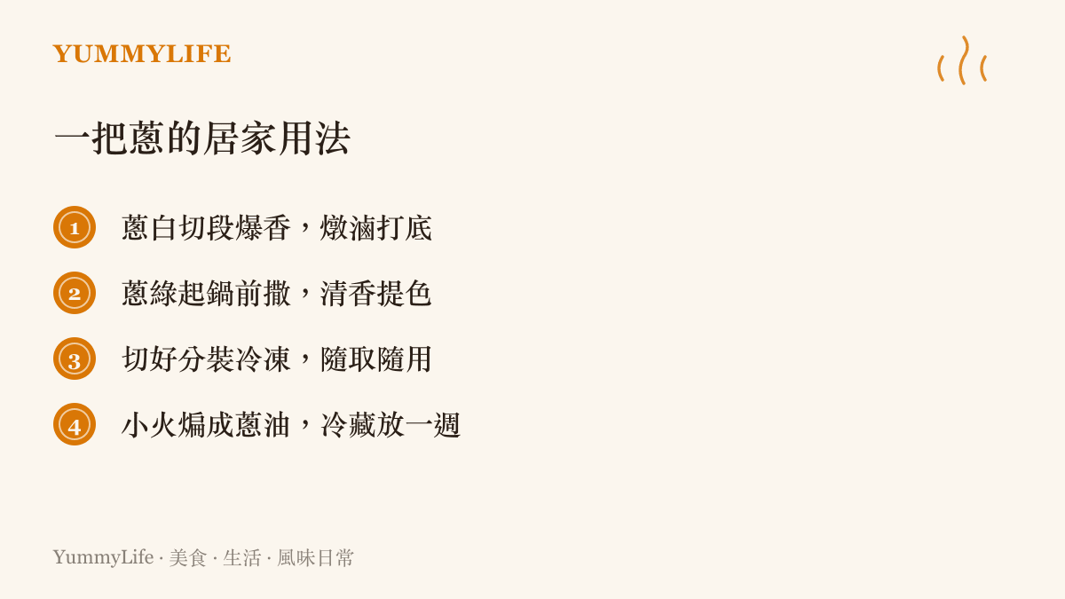 清單列出蔥白爆香、蔥綠起鍋前撒、蔥花冷凍分裝與自製蔥油冷藏四種青蔥居家用法