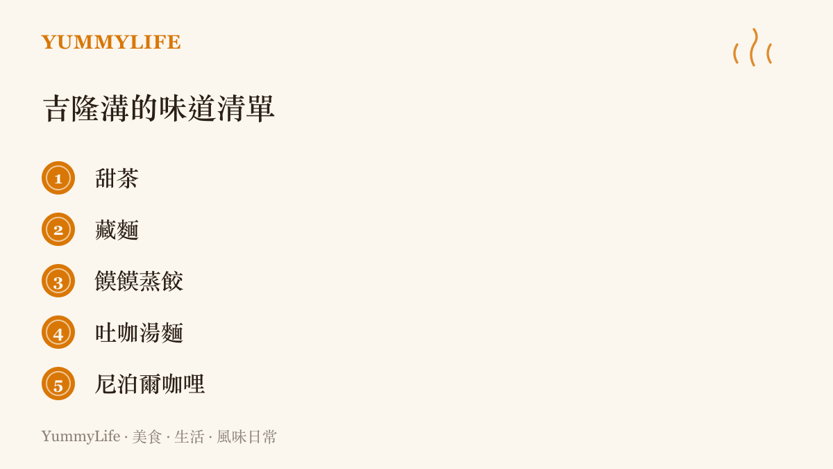 圖卡列舉吉隆溝常見的飲食：玻璃杯裡的甜茶、牛骨清湯藏麵、蒸籠裡的饃饃蒸餃、手撕麵片的吐咖湯麵，以及邊境雜貨鋪裡的尼泊爾咖哩與香料