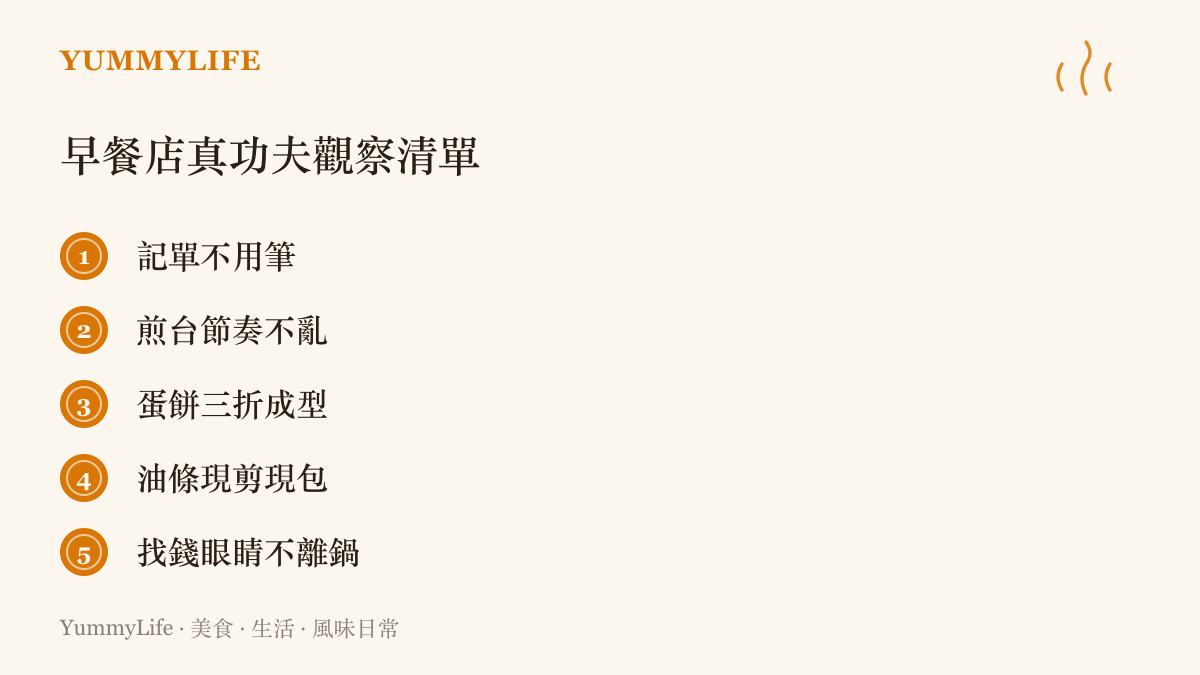 清單列出觀察早餐店老闆娘真功夫的五個指標，從記單不用筆到找錢時眼睛不離鍋