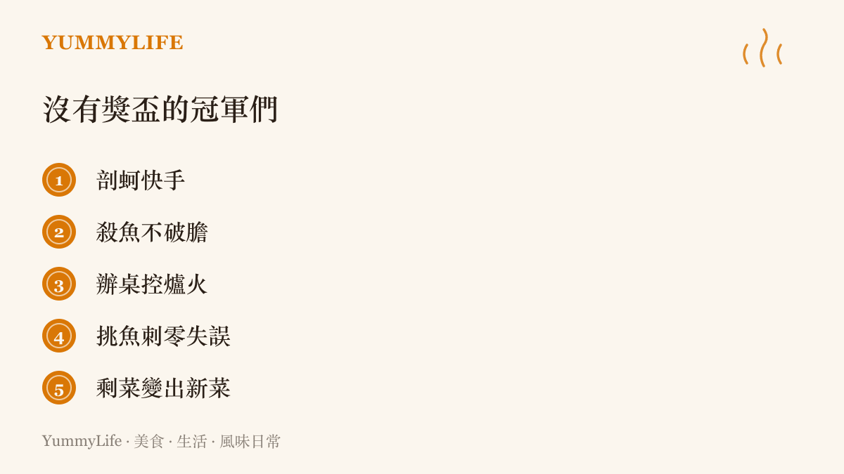 清單列舉廟口與產地的五位無名冠軍，從剖蚵快手到掌控辦桌爐火的總鋪師