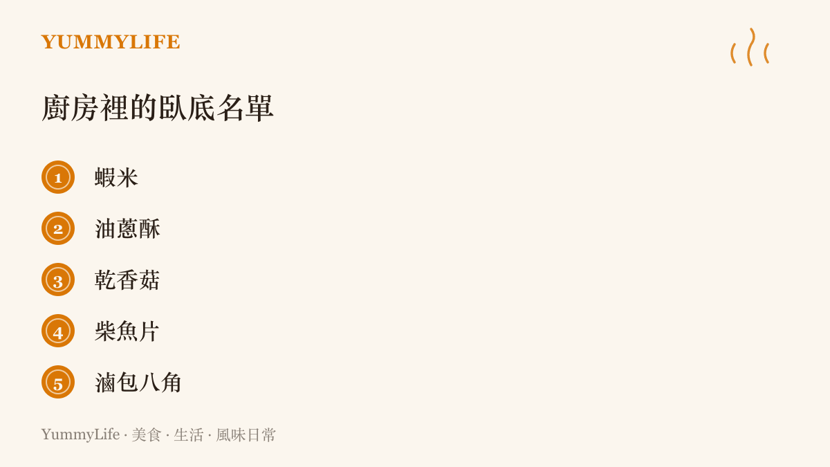 清單列出五種隱身在湯鍋與醬料中的風味要角：蝦米、油蔥酥、乾香菇、柴魚片與滷包八角