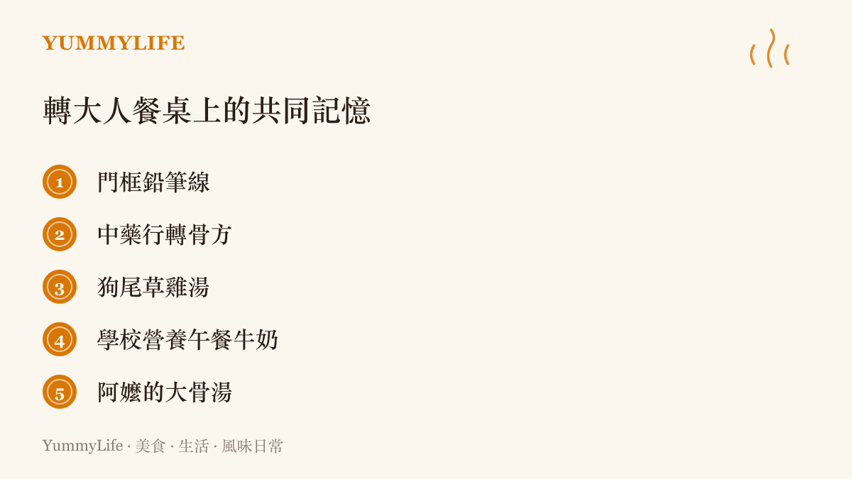 清單圖卡列出臺灣轉大人世代的五種共同記憶：門框鉛筆線、中藥行轉骨方、狗尾草雞湯、學校營養午餐的牛奶與阿嬤的大骨湯