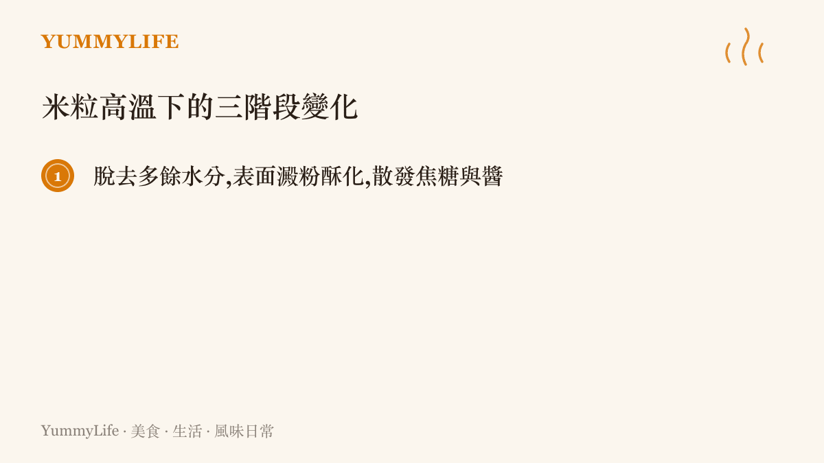 整理米粒在平底鍋高溫煎烤時，從脫水到酥化，再到散發焦糖與醬油香氣的三個風味變化階段。